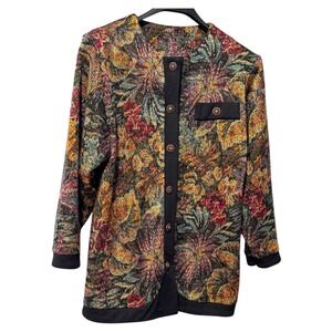 Leslie Belle Women's Tapestry Floral Button Front Blazer Jacket Black Gold Multi
